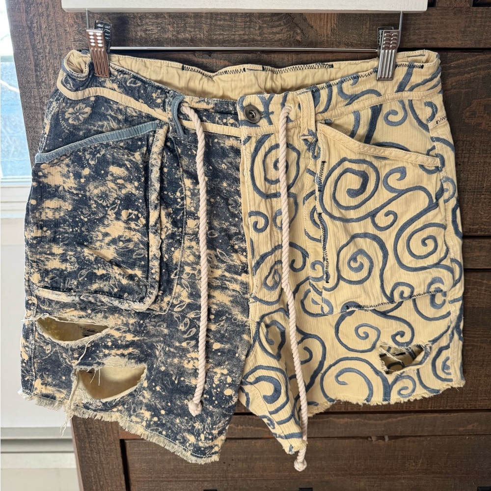 Free People Blue and Cream Patterned Jean Shorts